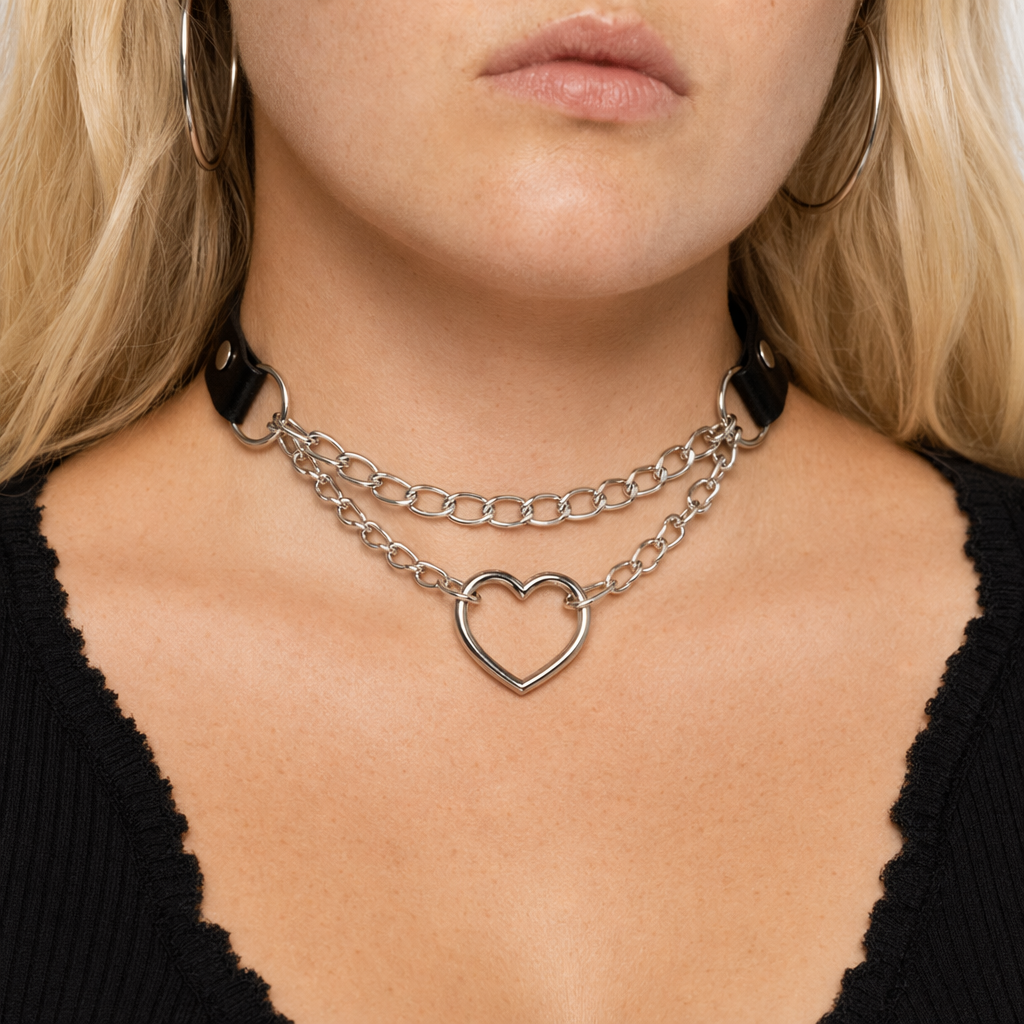Thick Vegan Leather Chained Heart Choker Necklace Black