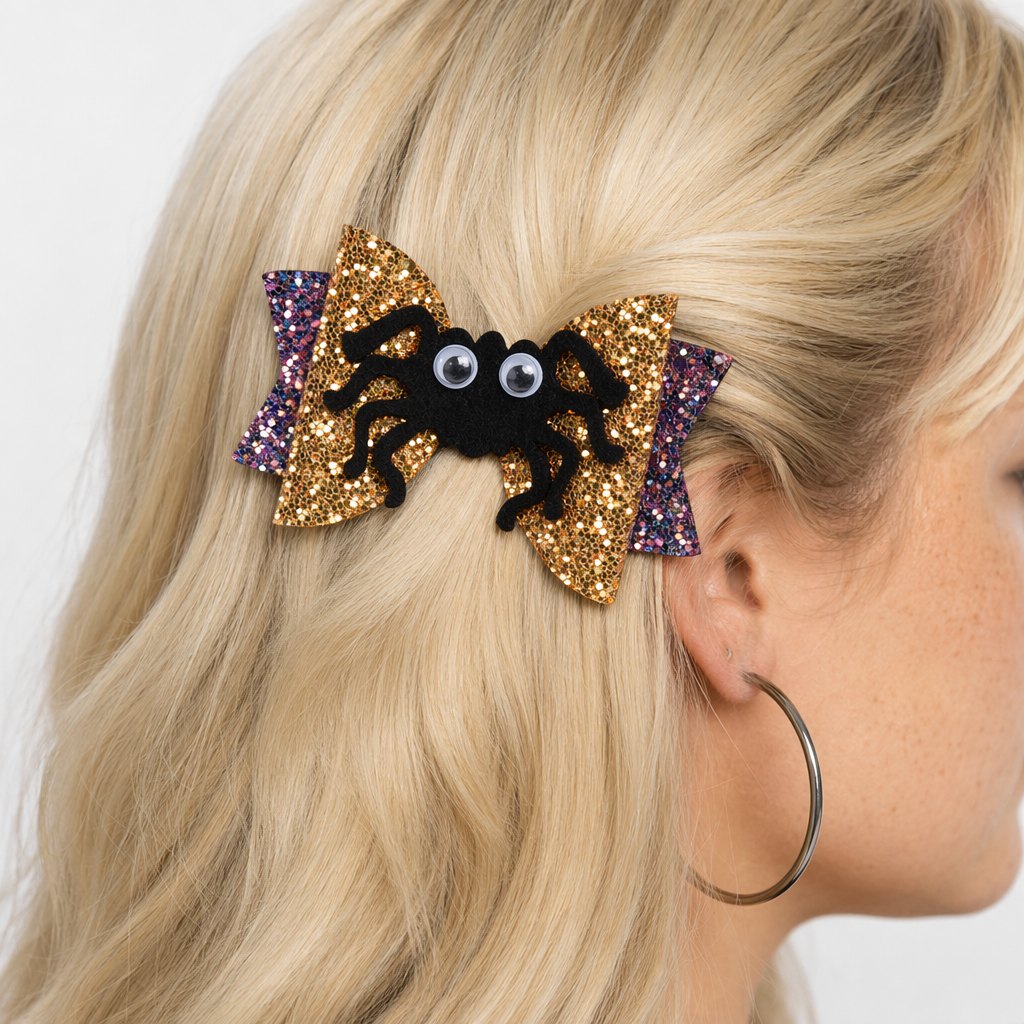 Glittery Halloween Hair Bows with Spooky Cabochons in Stock Spider