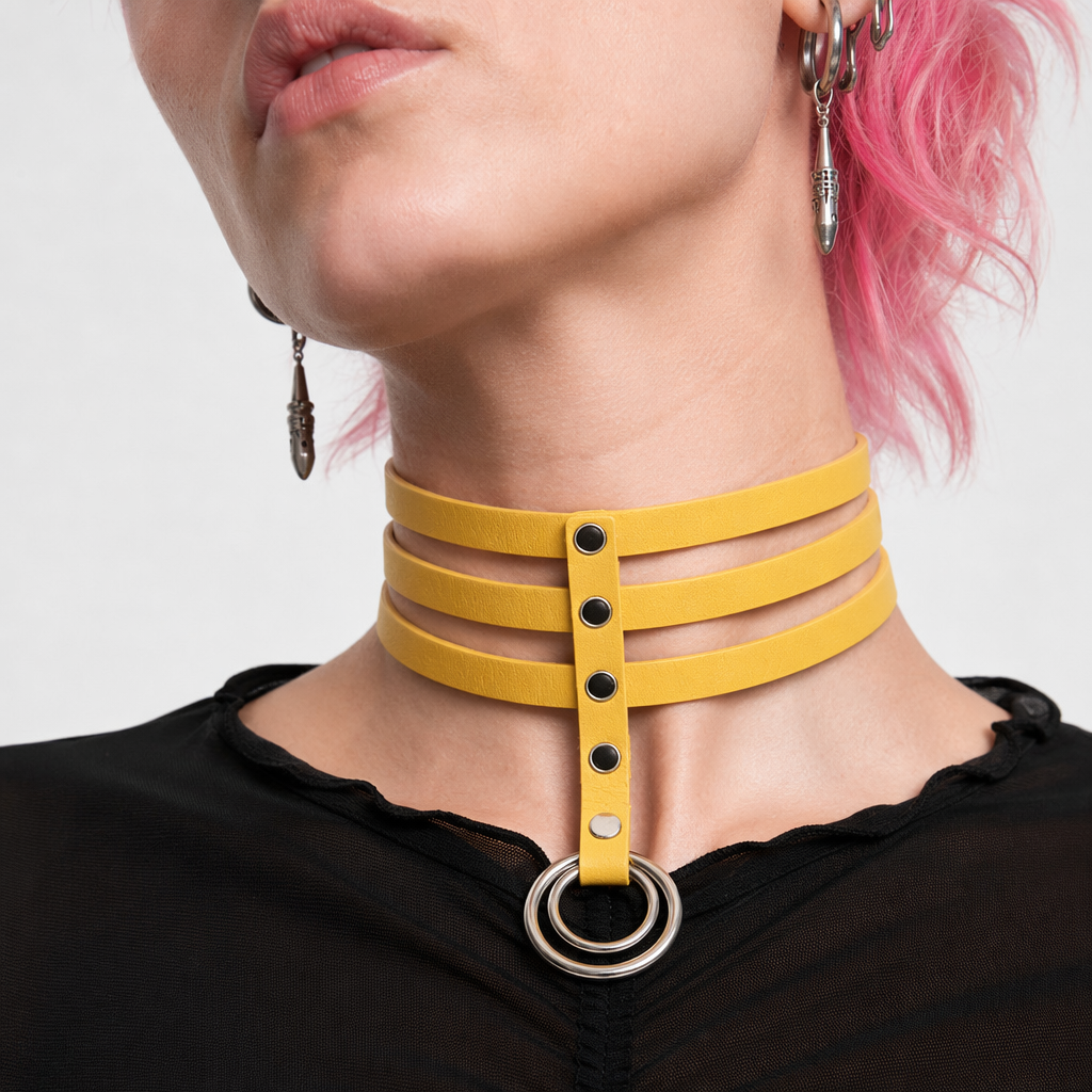 Vegan Leather High Elongated Collar with Built-in O-Ring Hook Yellow