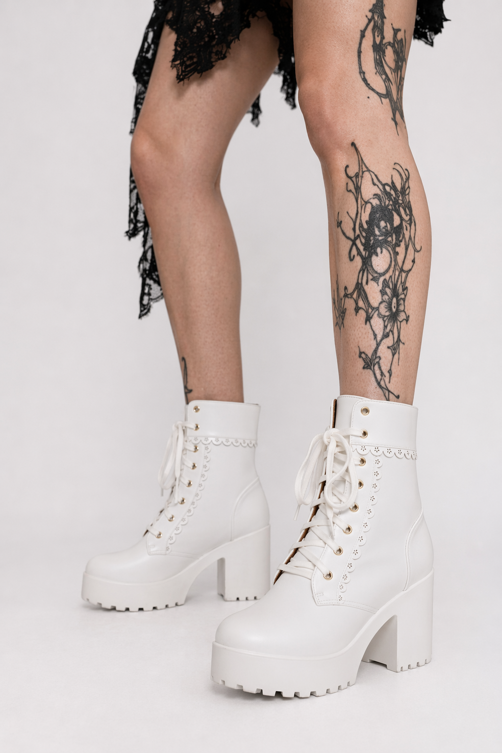 Chunky Ankle Booties with Lace Trim and Leopard Print Lining White