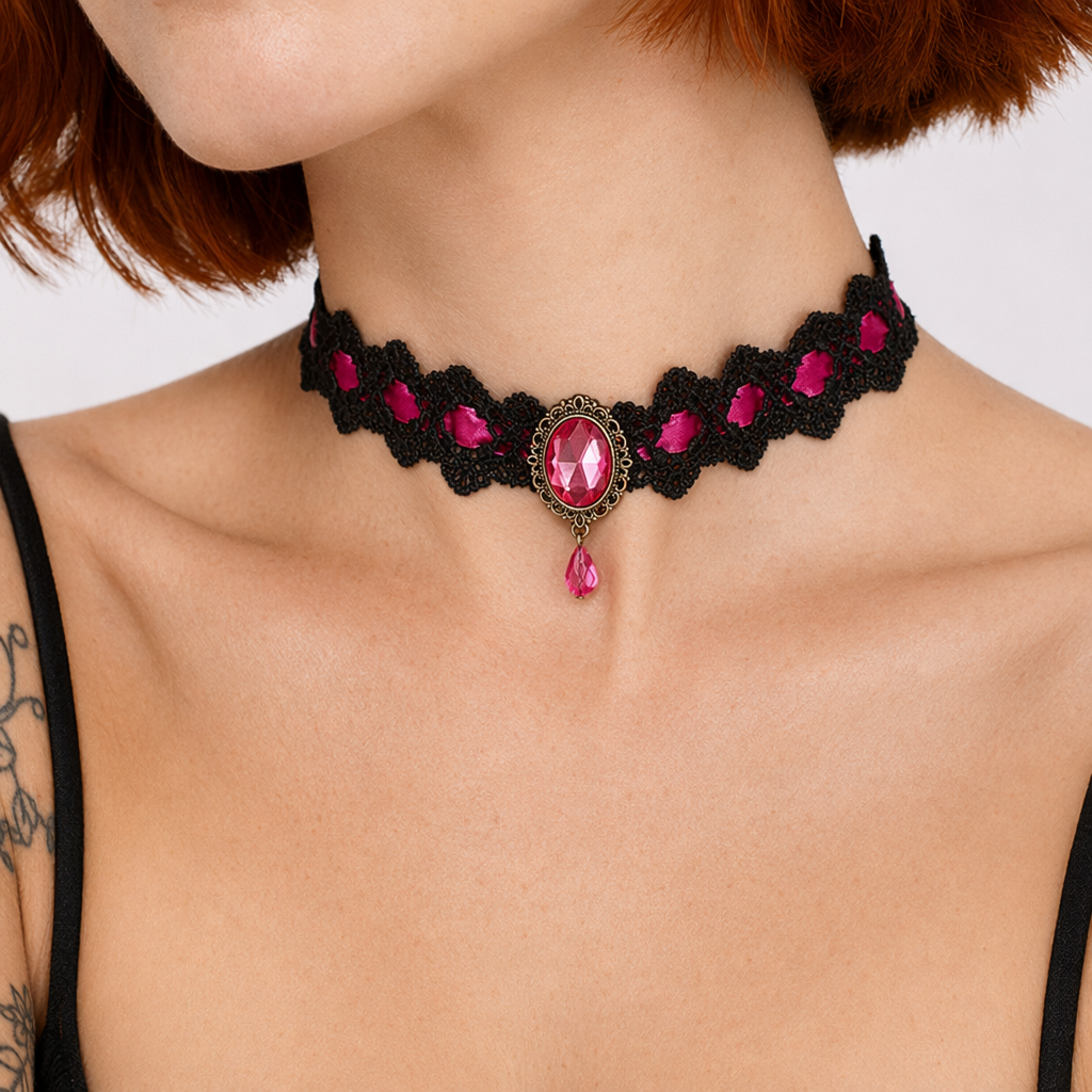 Elegant Victorian Style Choker Necklace with Gold Hardware Pink