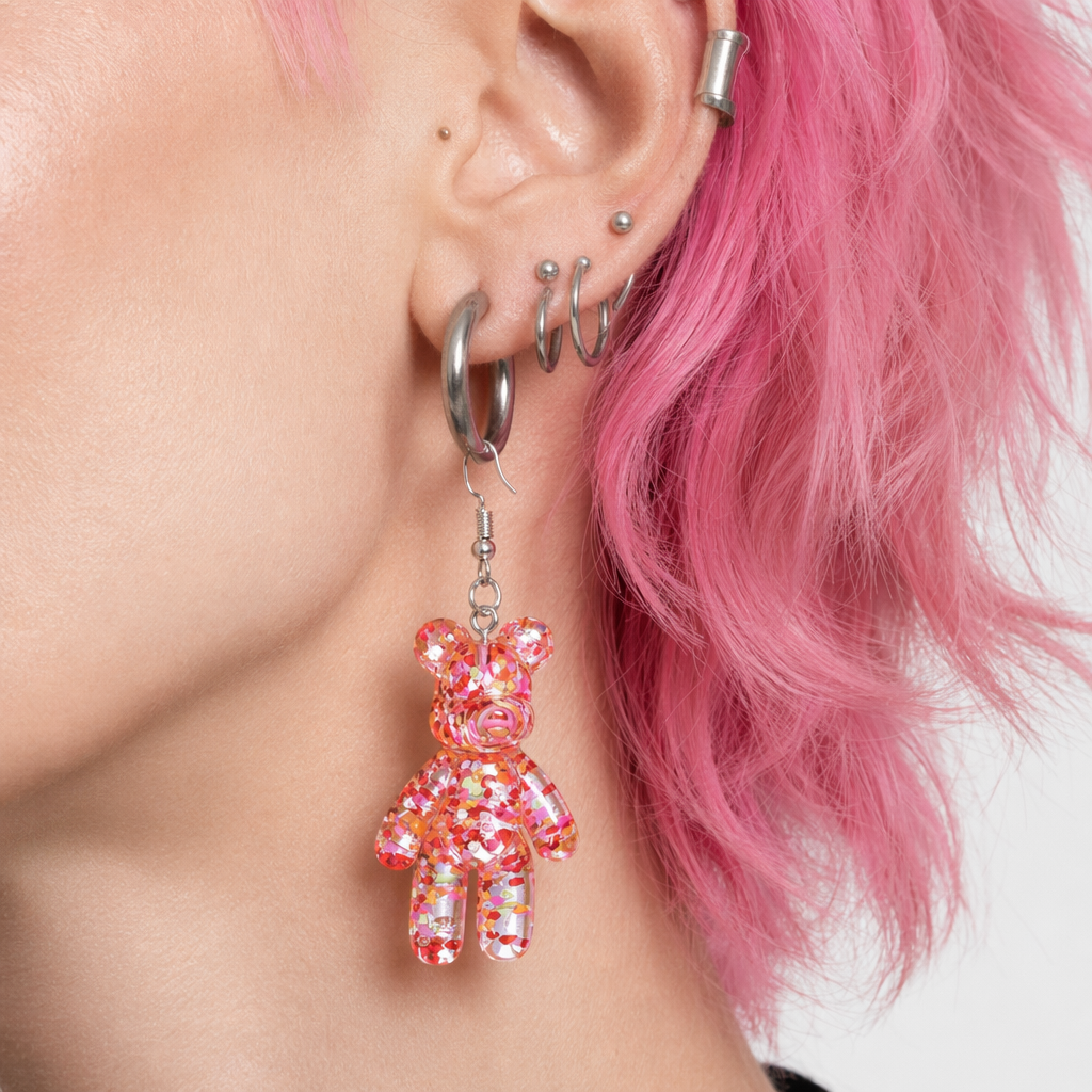 Kawaii Large Bear Earrings in Bright Glittery Colors Red
