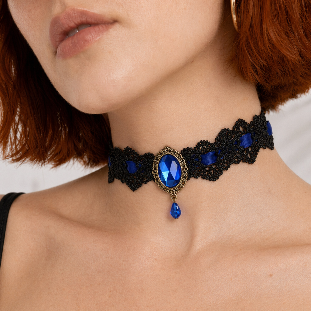 Elegant Victorian Style Choker Necklace with Gold Hardware Blue