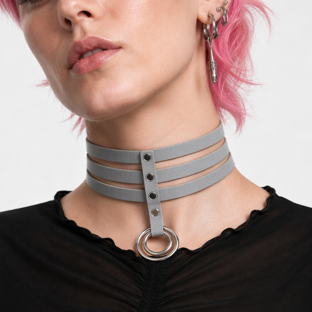 Vegan Leather High Elongated Collar with Built-in O-Ring Hook Gray
