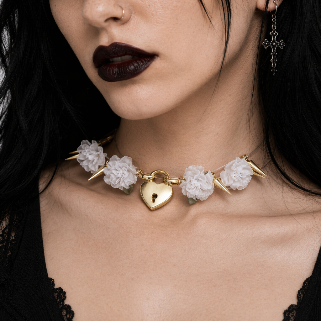 Edgy Floral Choker with Spiky Design and Heart Locket Key White Flower Gold