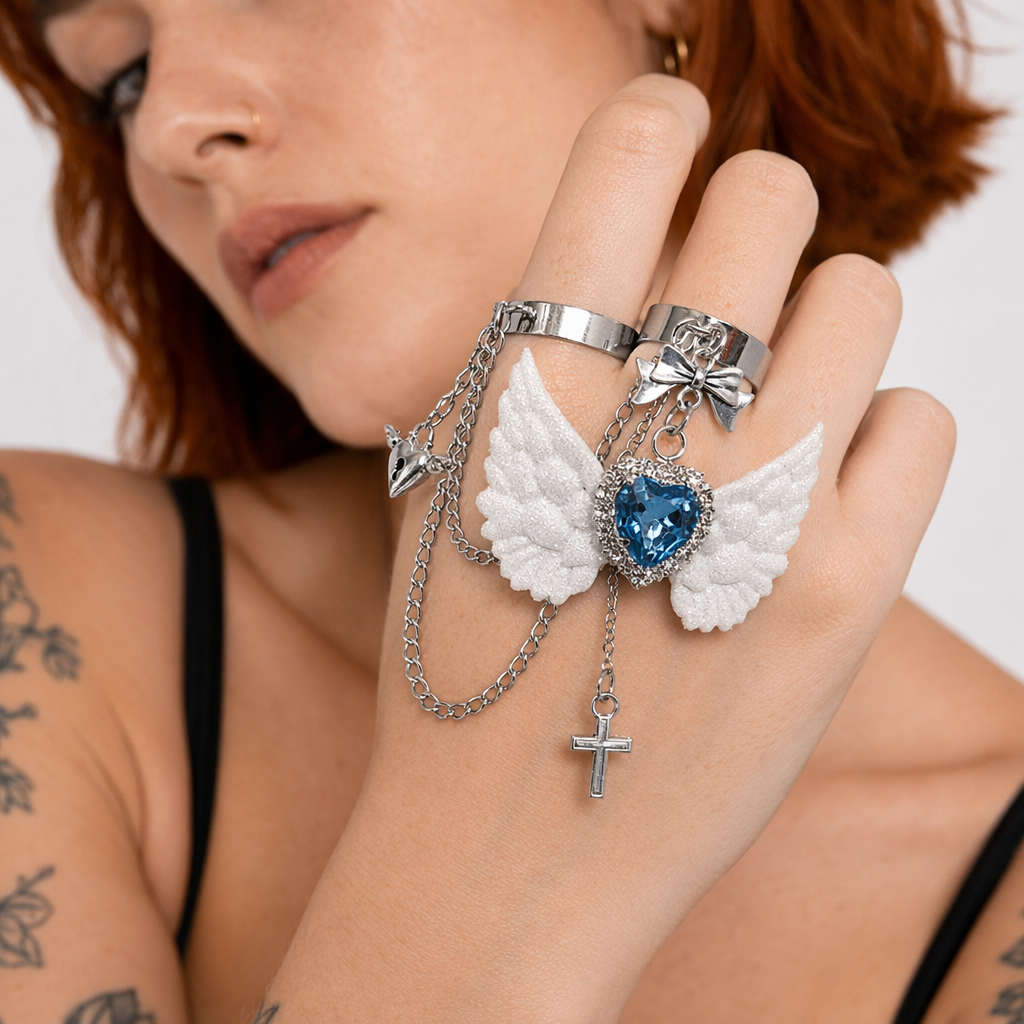 Angelic Goth Ring Set with Bat Wings and Crystal Embellishments White