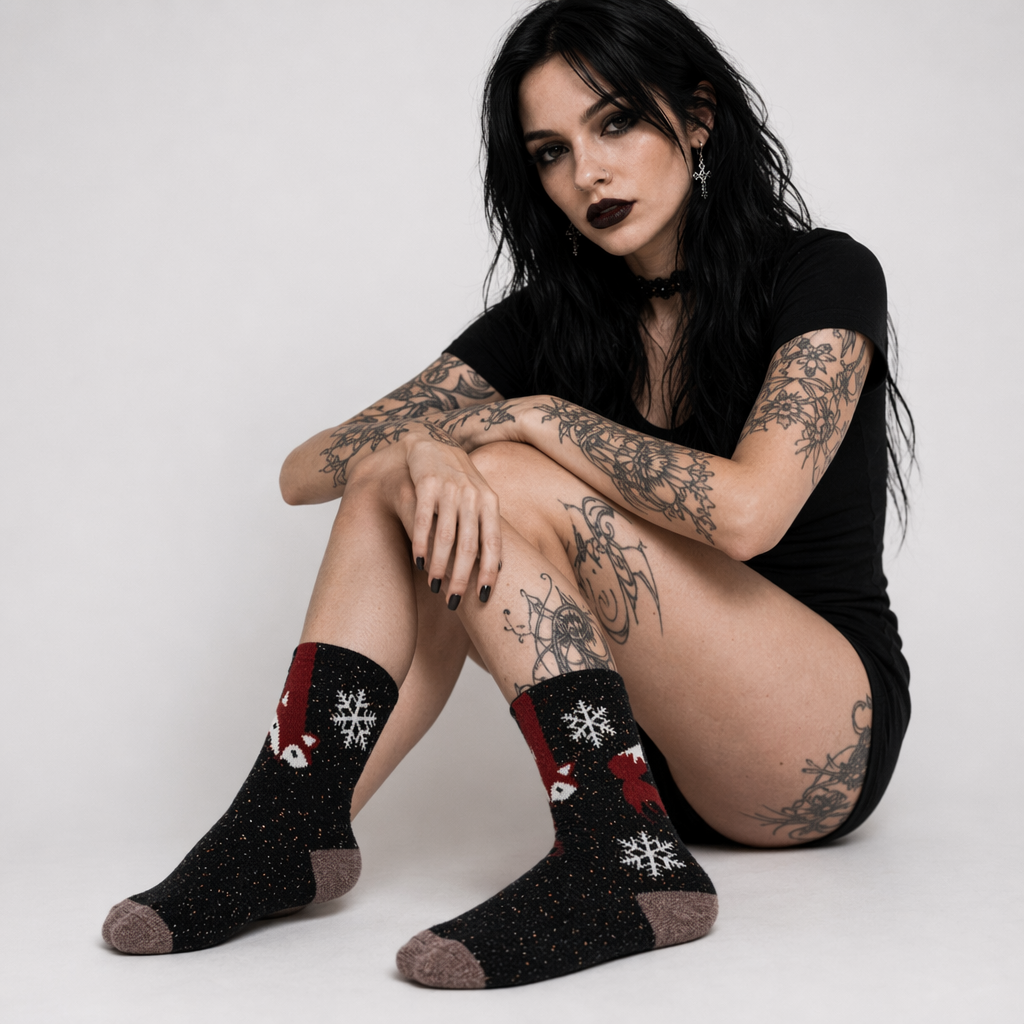 Snow Fox Christmas Socks with Embroidered Design and Vibrant Colors Black Fox Snowflake