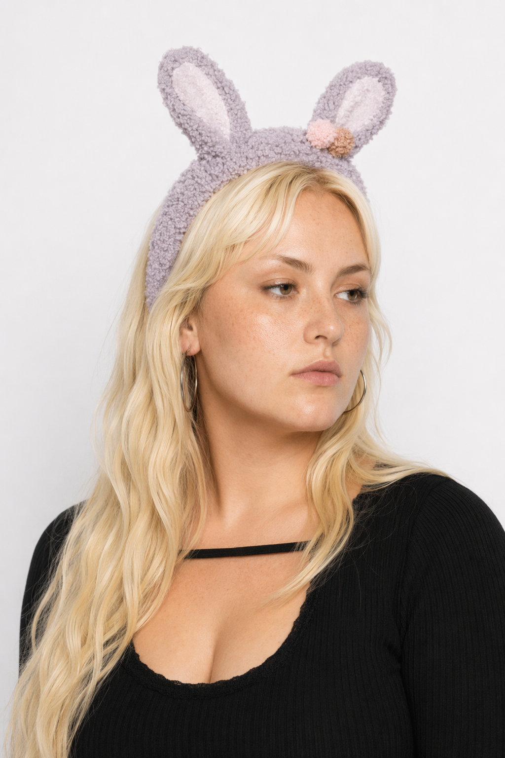 Fluffy Bunny-Eared Headband with Cute Pom Poms Gray