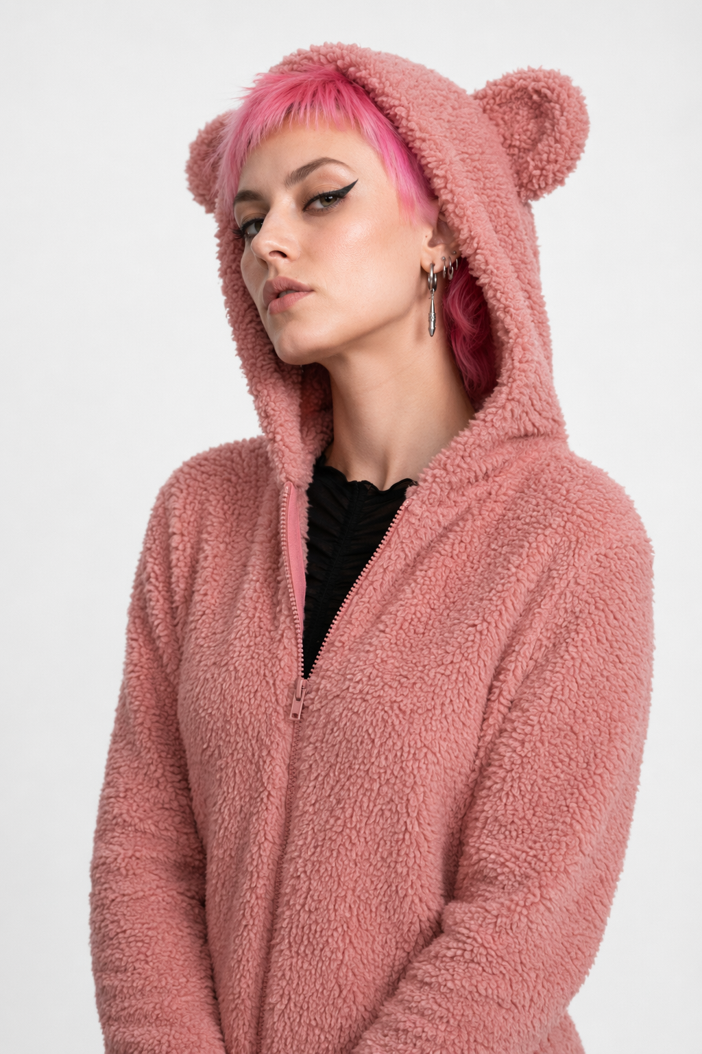Adorable Vegan Fur Baby Bear Zippered Onesie with Ears Pink
