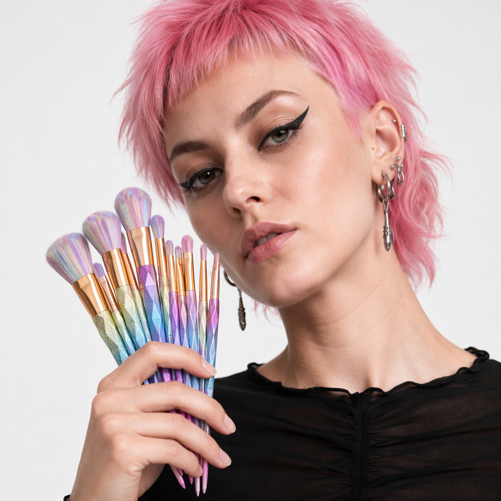 Magical Glittery Unicorn Makeup Brush Set 10pcs Rainbow