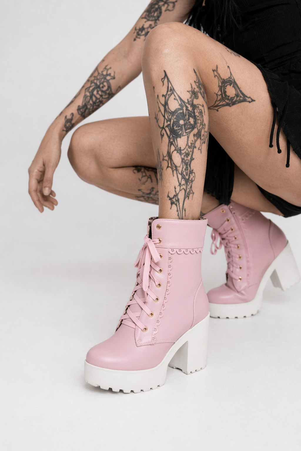 Chunky Ankle Booties with Lace Trim and Leopard Print Lining Pink