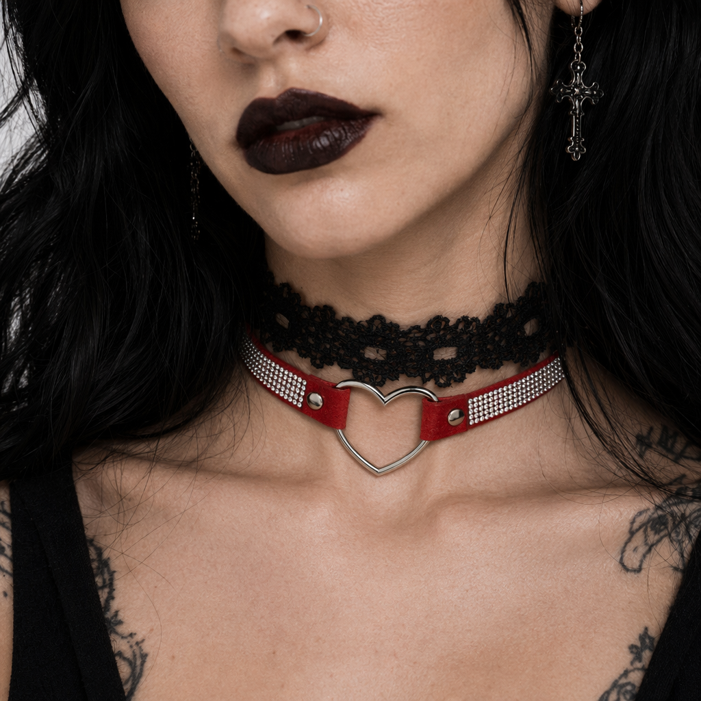 Rhinestone Heart Choker Necklace for Kawaii Aesthetic Princesses Red