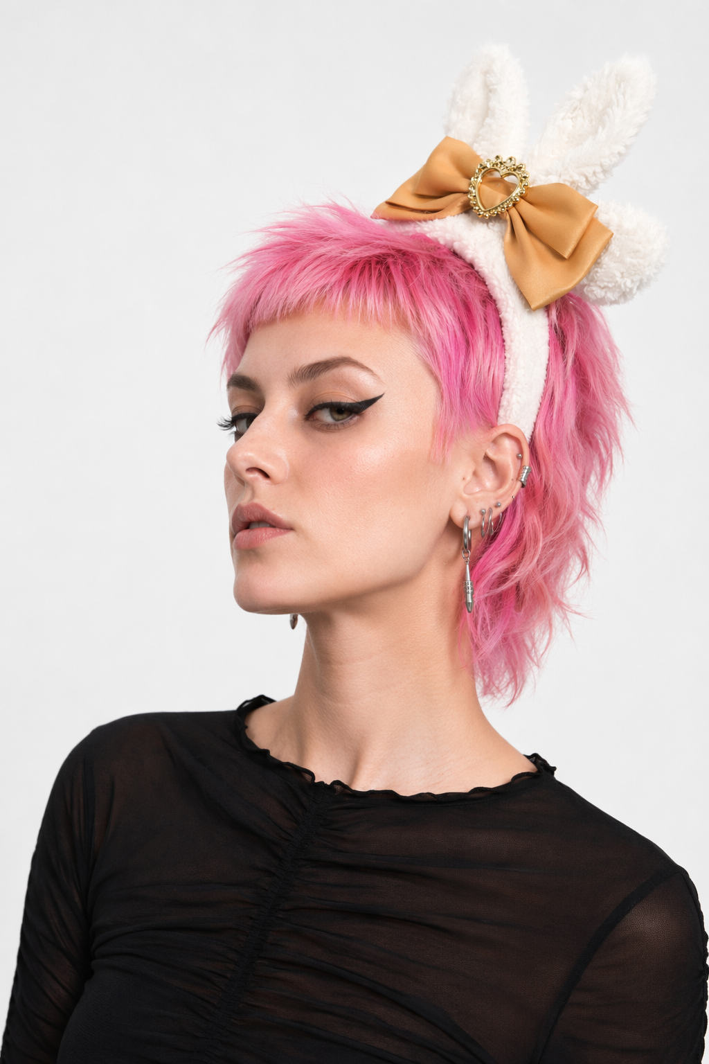 Luxurious Bunny Ears Headband with Satin Ribbons and Jewels Orange