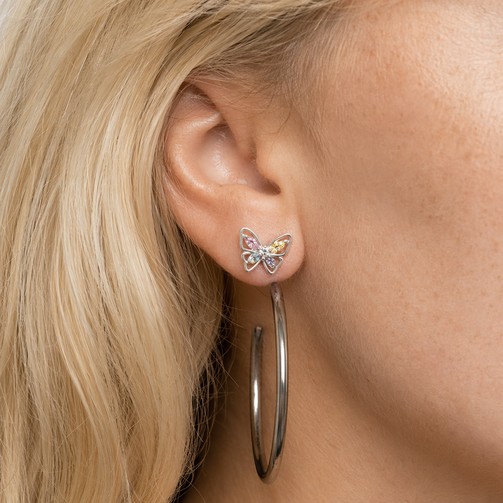 Dainty Crescent Moon Crystal Earrings with Rhinestones and Gems Single Butterfly Studs