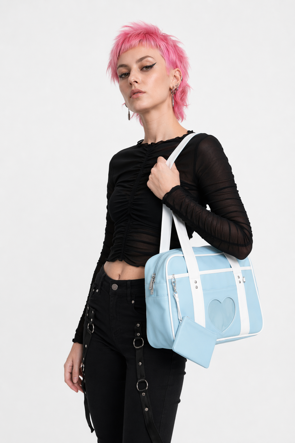 Kawaii Pastel Duffle Bag with Transparent Hearts Sky Blue