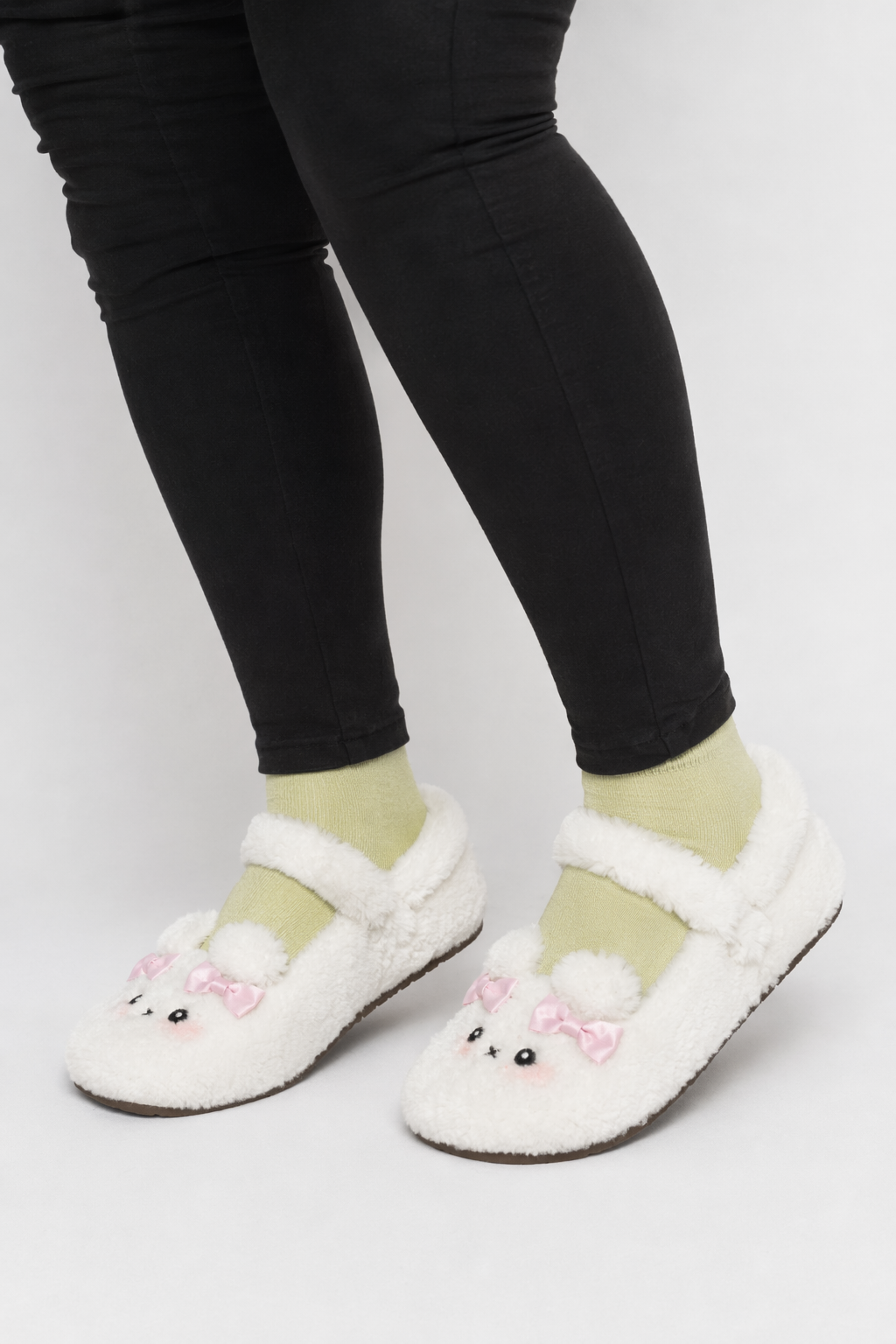 Fuzzy Bear Inspired Maryjane Shoes with Fluffy Faux-Fur and Ribbons White