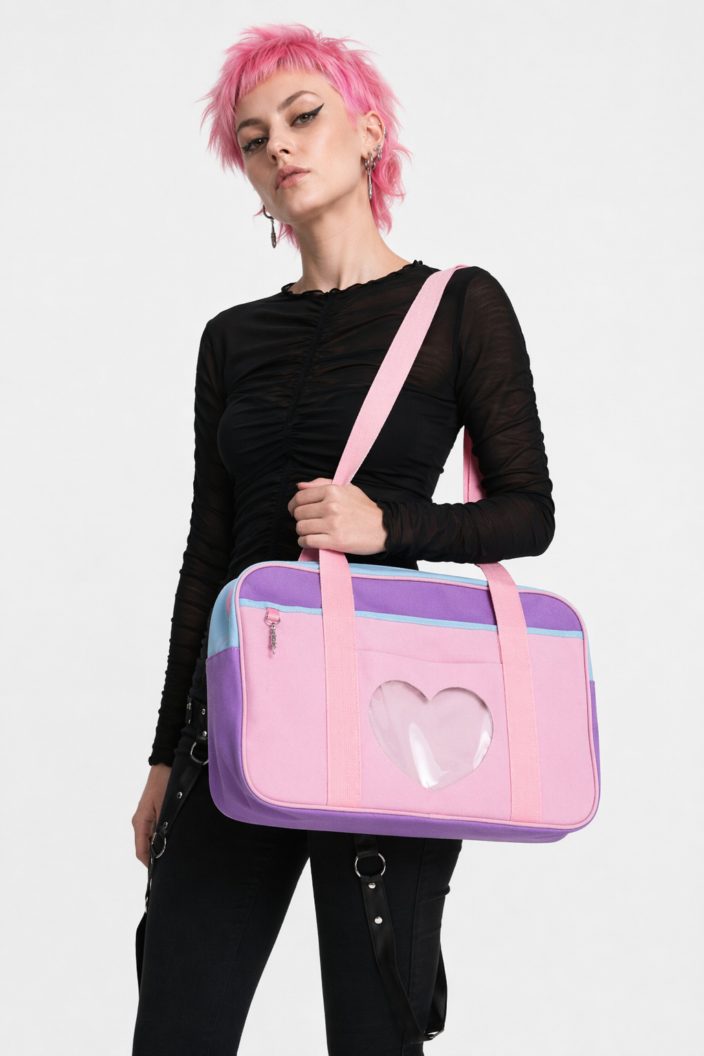 Kawaii Pastel Duffle Bag with Transparent Hearts Patchwork
