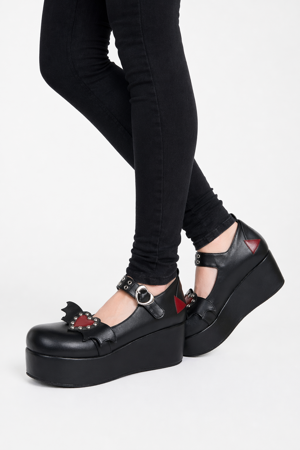 Babydoll Platform Wedge Mary Jane Shoes with Heart Buckle Black Winged Heart