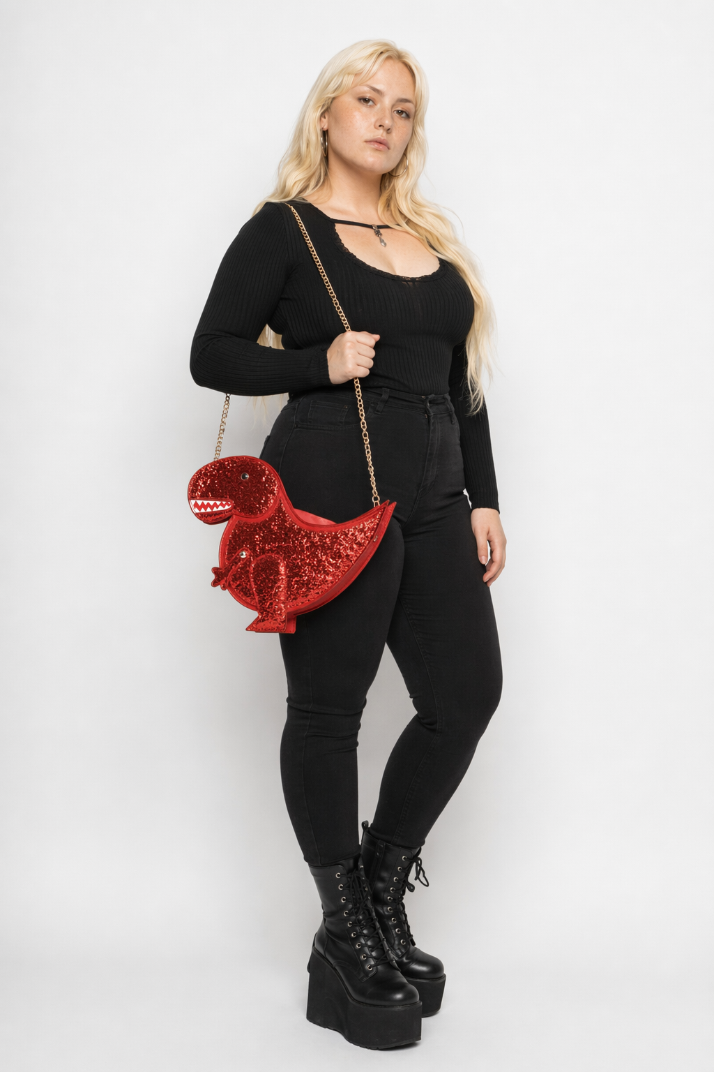 Shimmering Tyrannosaurus Rex 3D Handbag in Vegan Leather Red