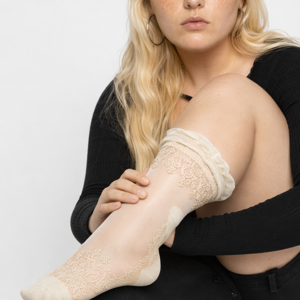Elegant Lace Band Socks in Clear Fabric and Various Colors Khaki