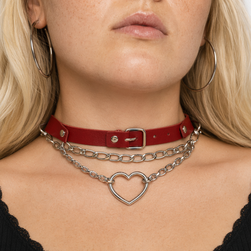 Thick Vegan Leather Chained Heart Choker Necklace Red