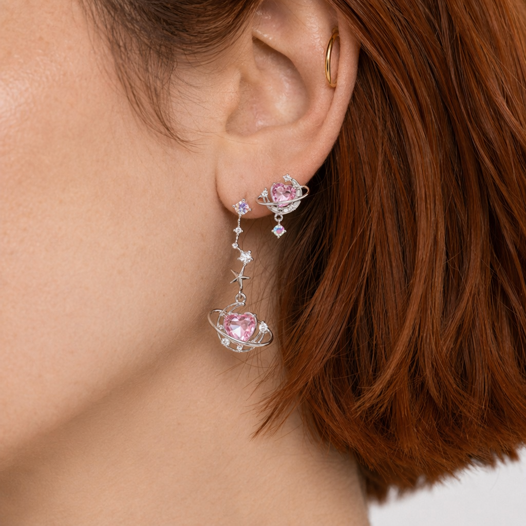 Dainty Heart Planet Earrings with Rhinestones and Gem Details Silver