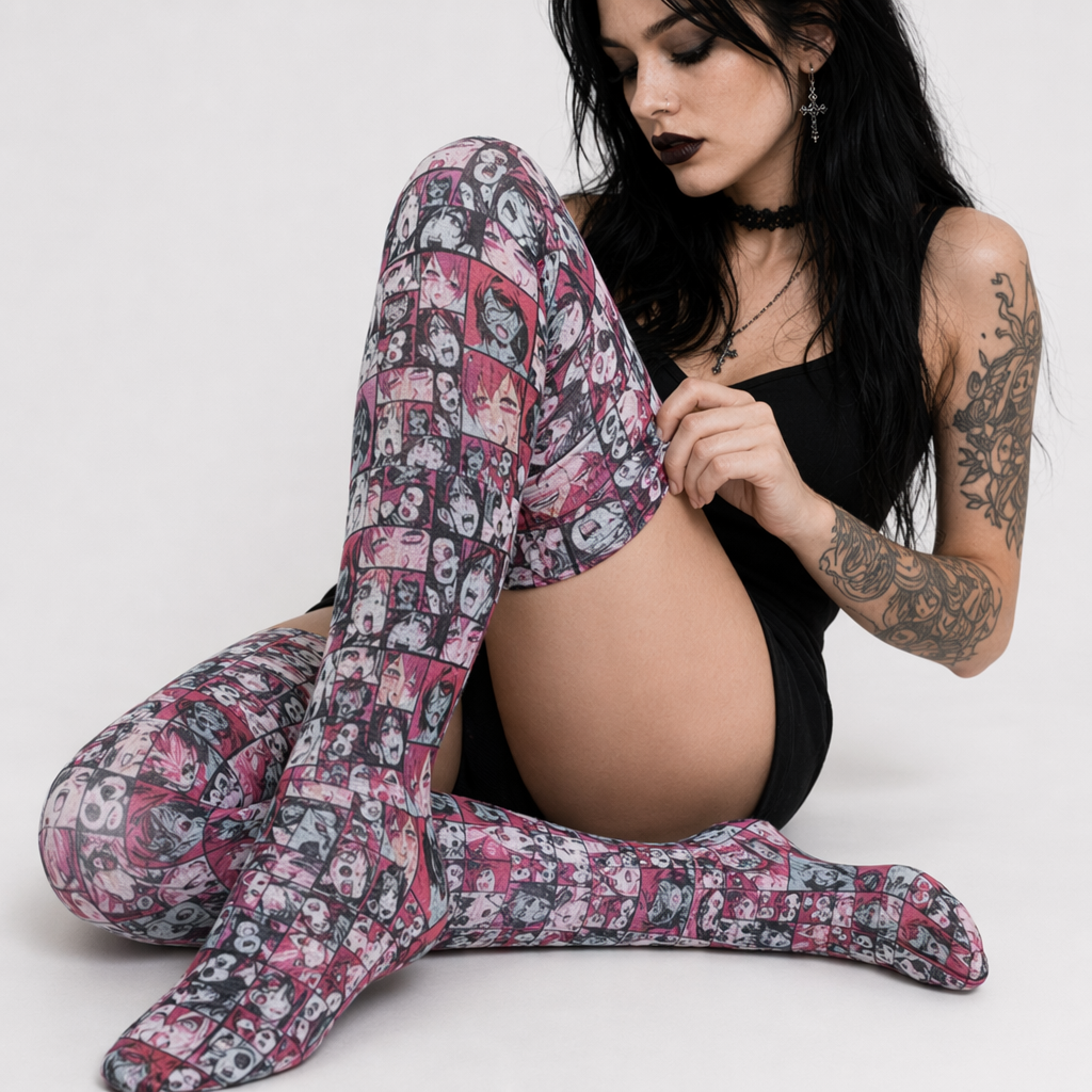 Manga Inspired Ahegao Face Thigh-High Stockings for Otaku Small Comic Strip