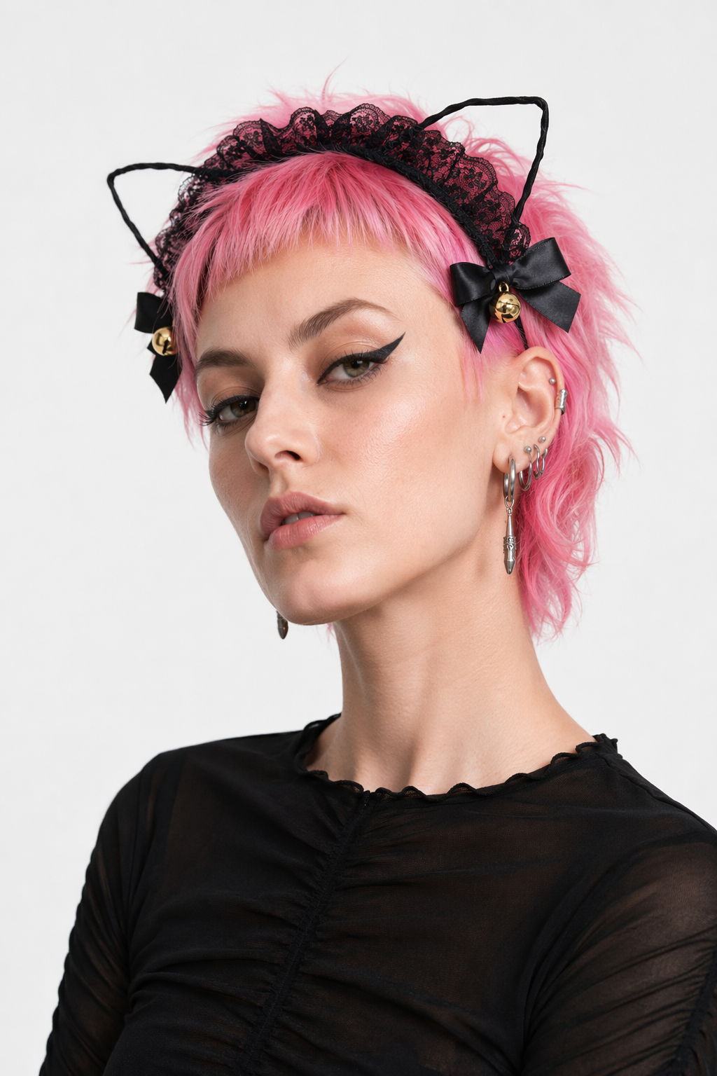 Cute Cat Ear Headband with Gold Bells and Lace Embellishments Black