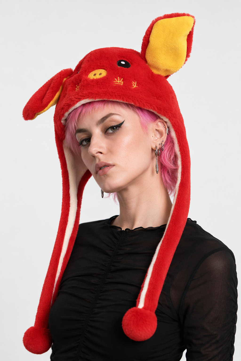 Fuzzy Puppy Hat with Spinning Ears for Winter Warmth Red Piggy