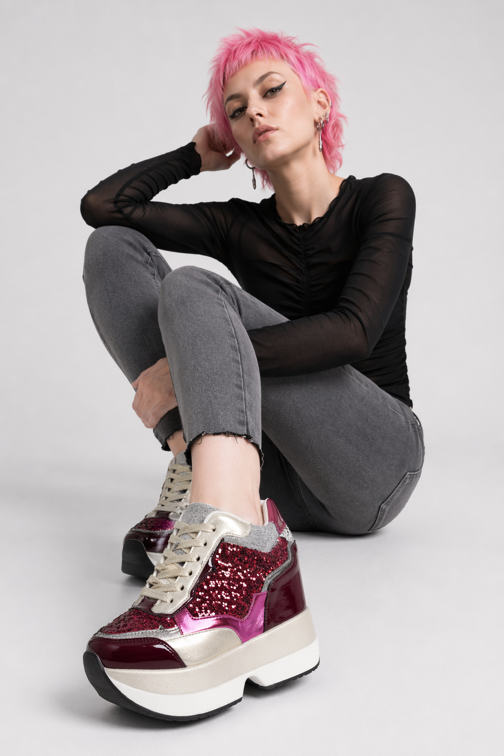 Kawaii Punk Rock Sequin Shoes Inspired by Harajuku Street Fashion Wine Red