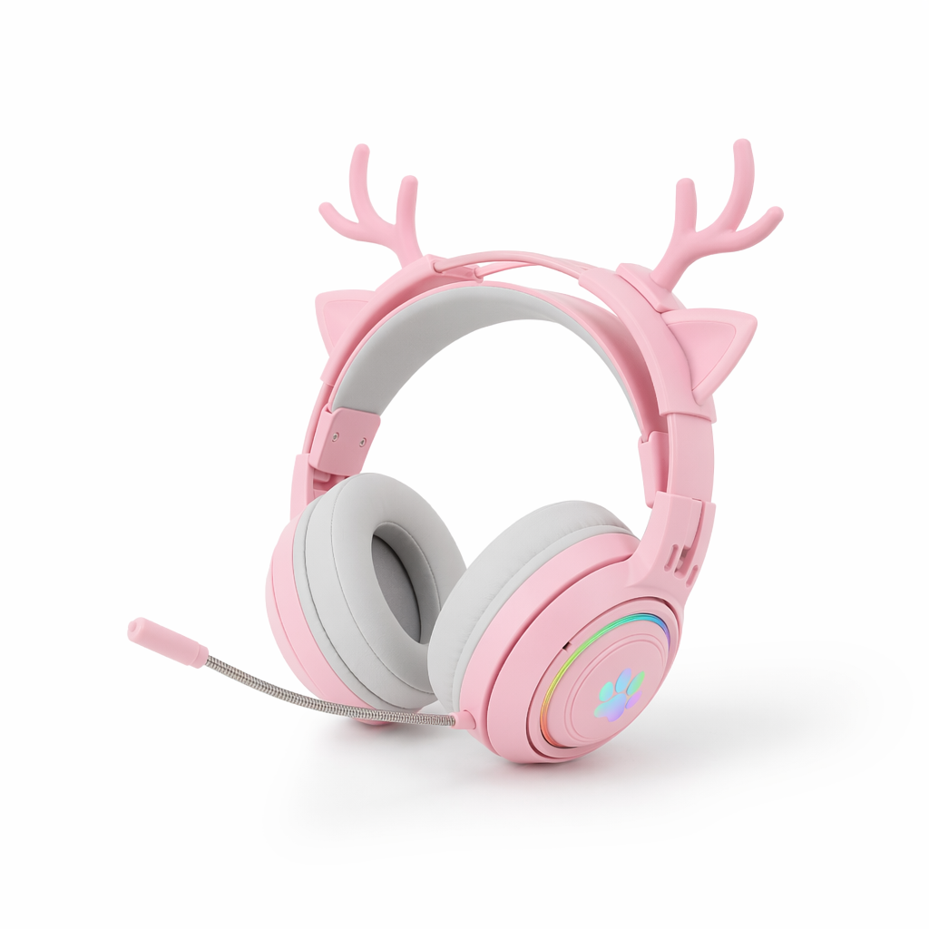 Interchangeable Deer Antler Neko Headset for Gamers and Streamers Pink