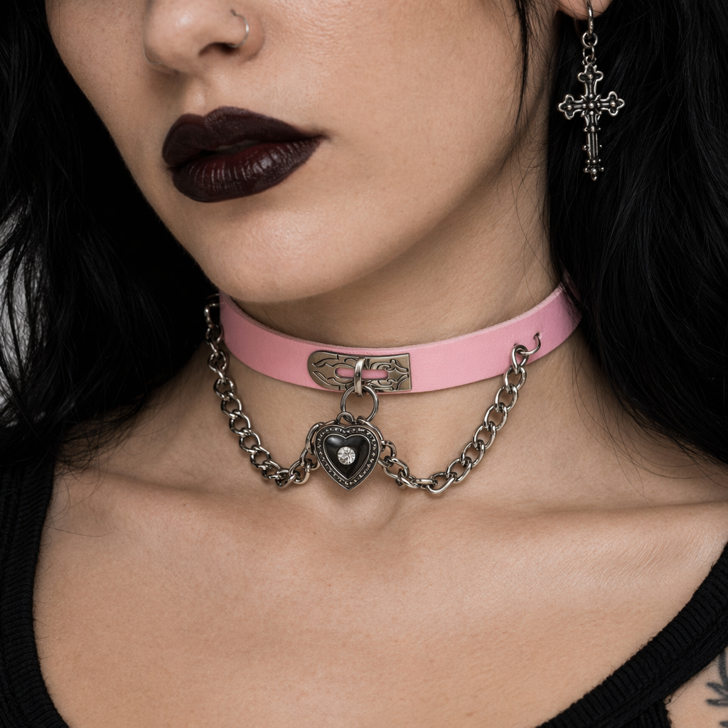 Gothic Victorian Vegan Leather Choker with Heart Locket and Chains Light Pink
