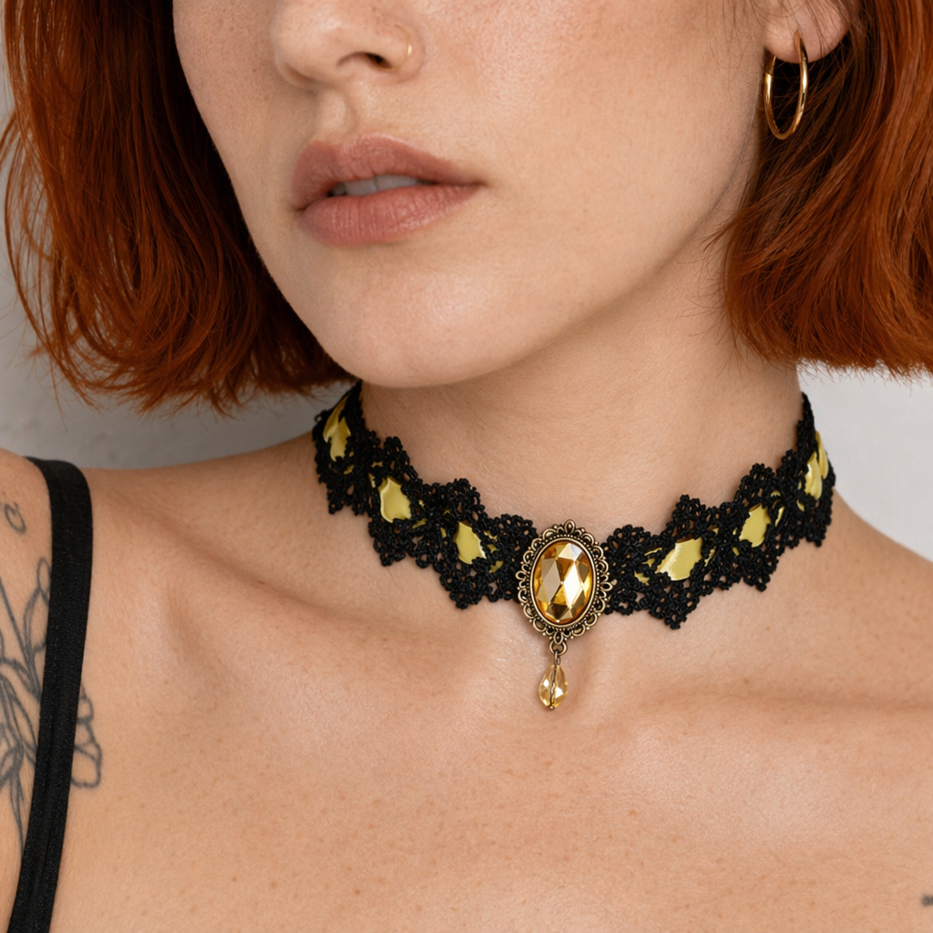 Elegant Victorian Style Choker Necklace with Gold Hardware Yellow