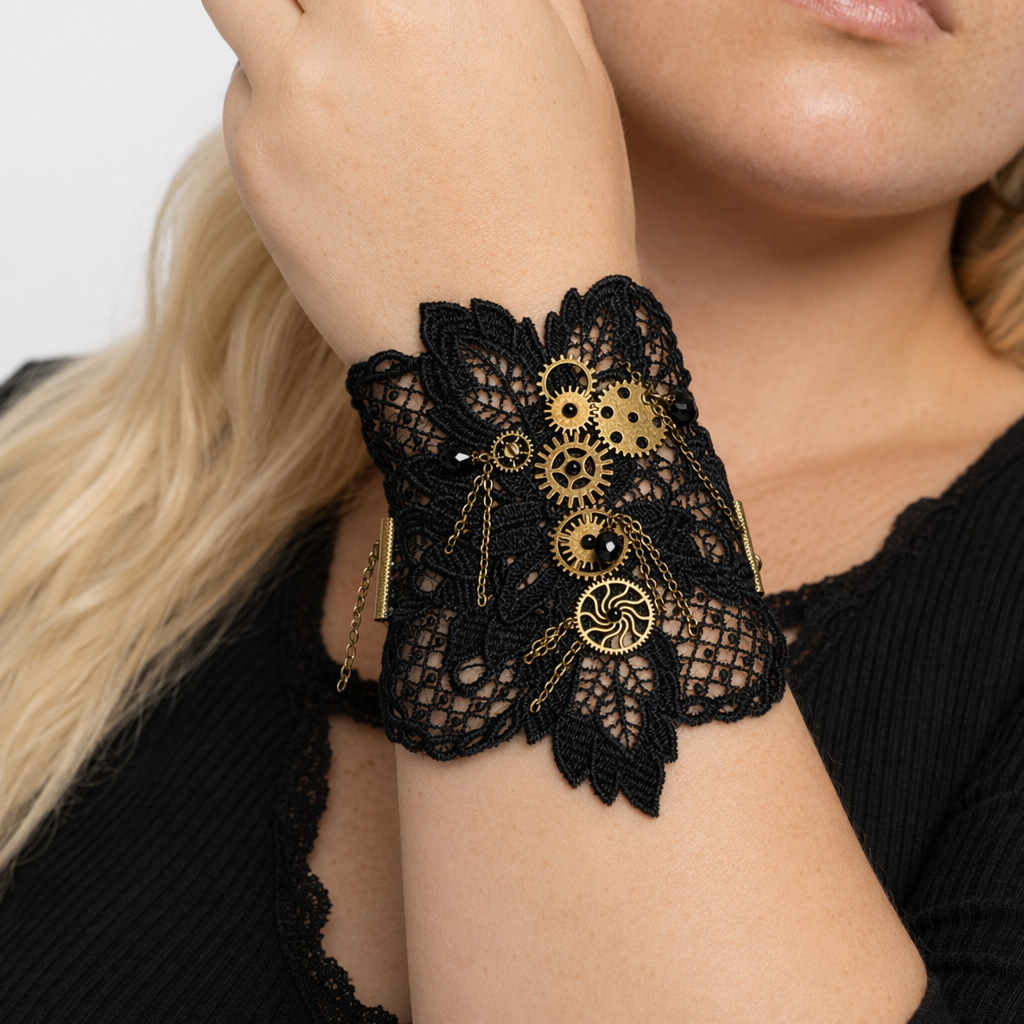 Elegant Steampunk Cuff with Copper and Brass Gears on Black Lace Default Title