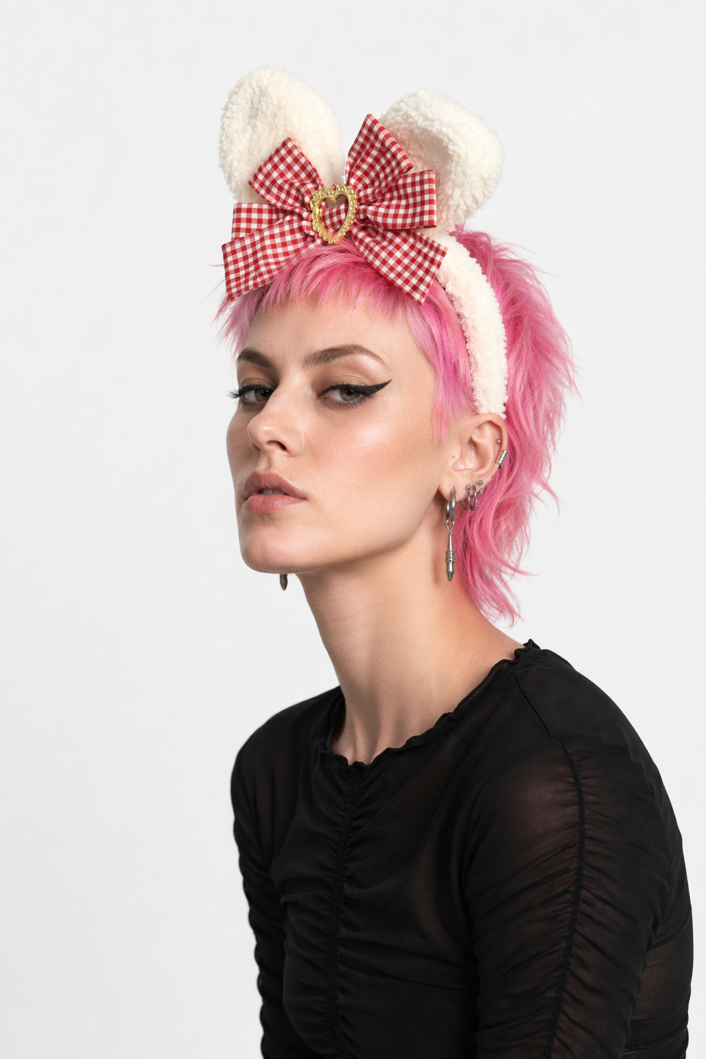 Luxurious Bunny Ears Headband with Satin Ribbons and Jewels Red Plaid