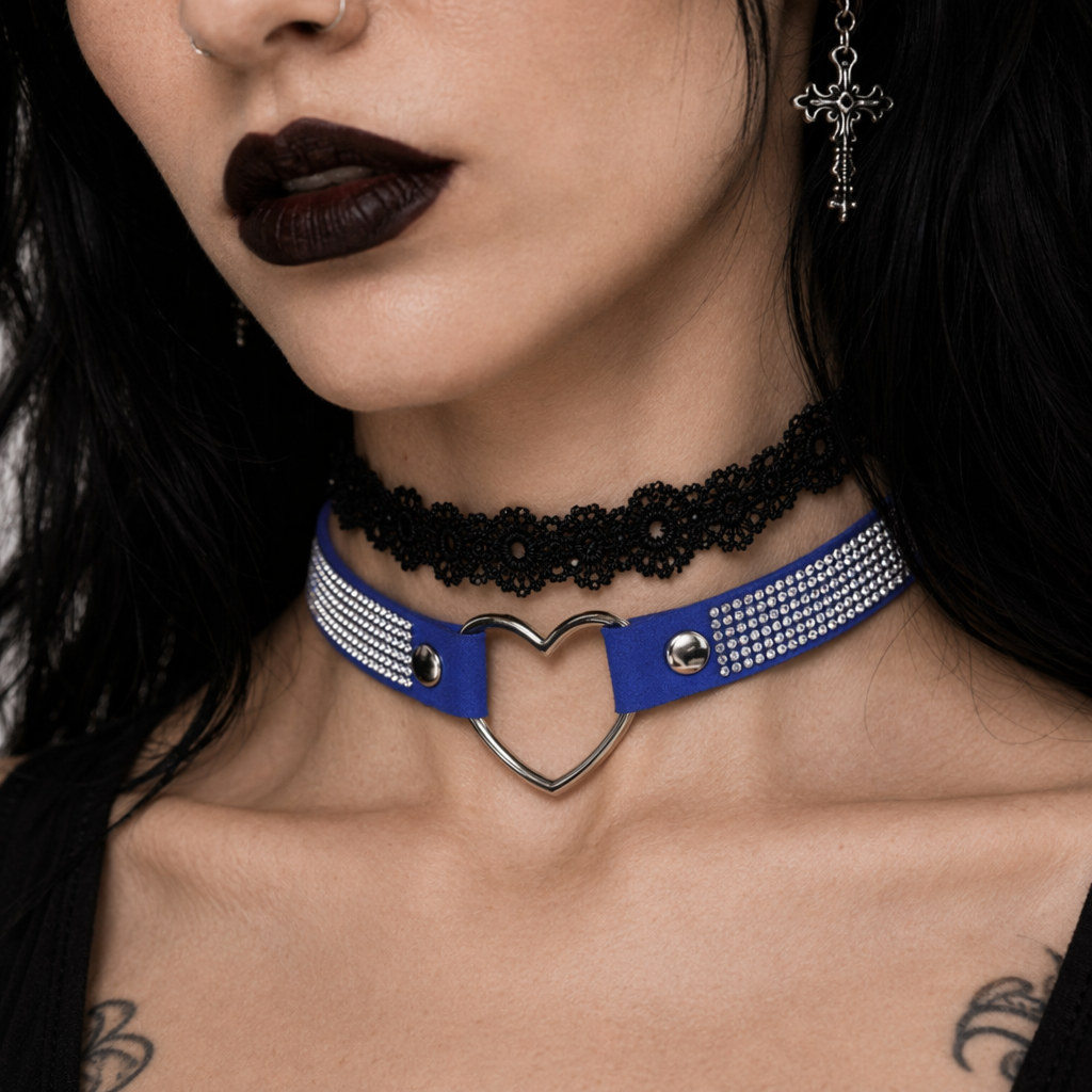 Rhinestone Heart Choker Necklace for Kawaii Aesthetic Princesses Blue