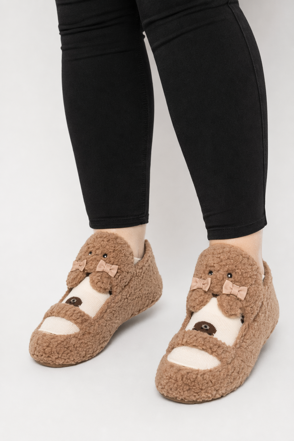 Fuzzy Bear Inspired Maryjane Shoes with Fluffy Faux-Fur and Ribbons Brown