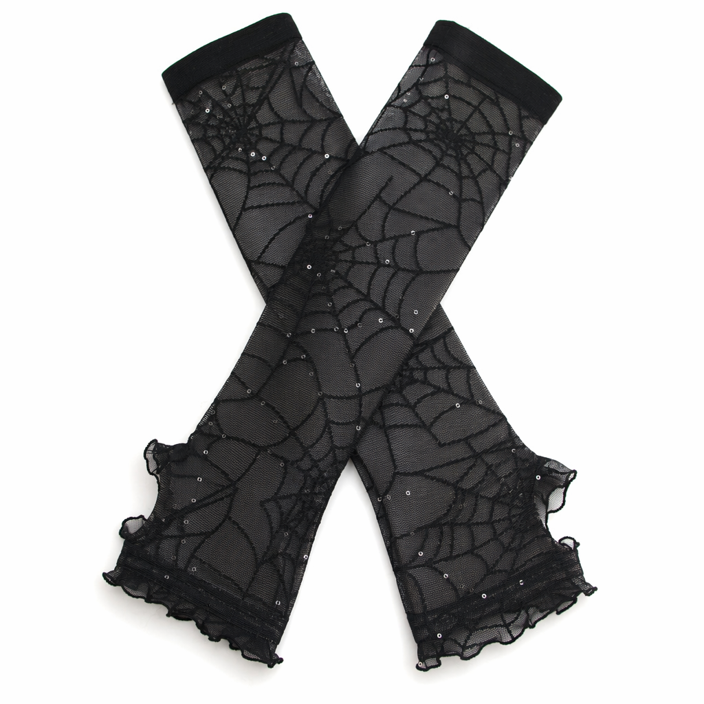 Creepy Cute Spider Web Fishnet Gloves for Gothic Styling Black with Sequins