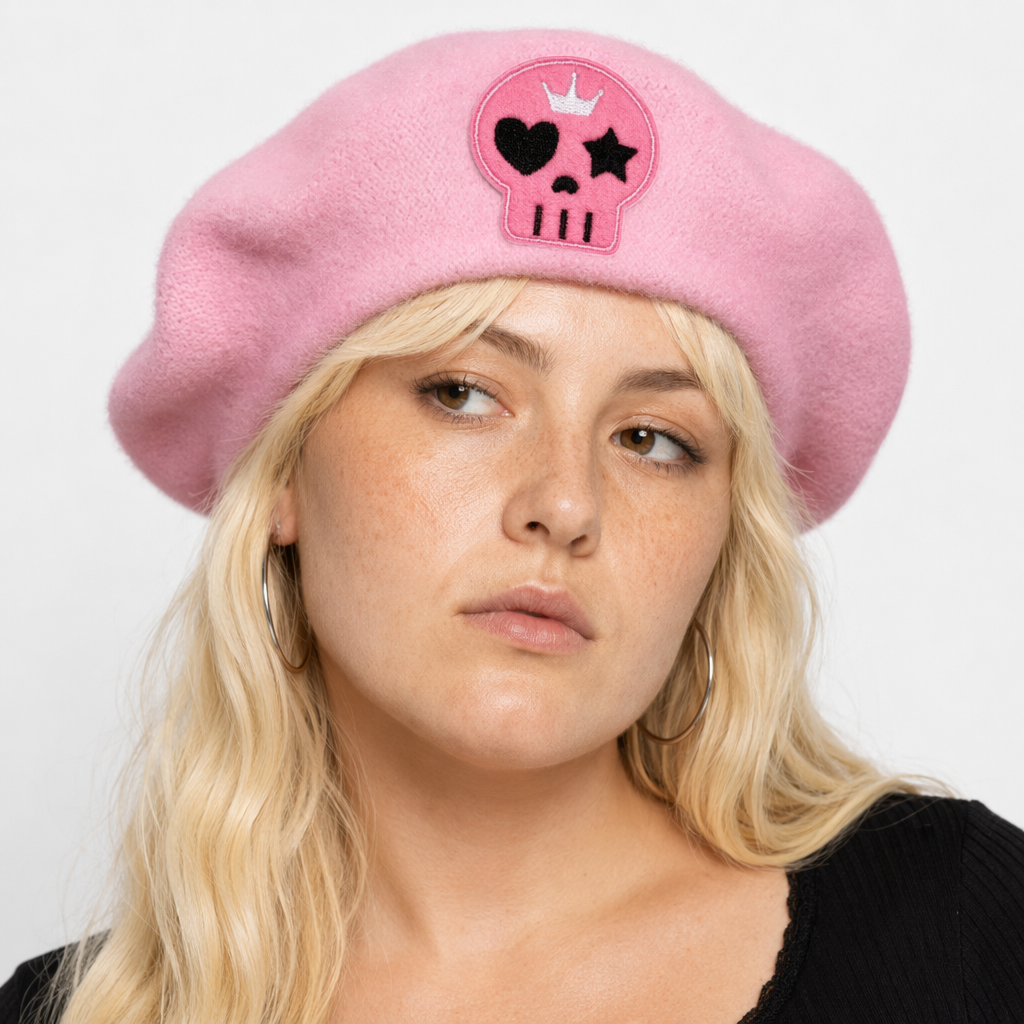 Pink Menhera Nurse Beret for Kawaii Fashion Enthusiasts Pink Skull
