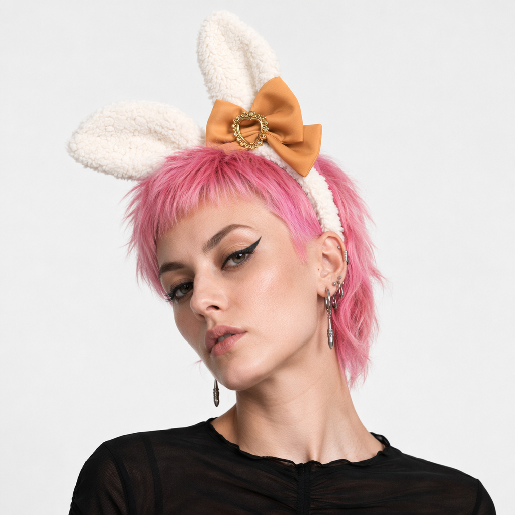 Luxurious Bunny Ears Headband with Satin Ribbons and Jewels Orange