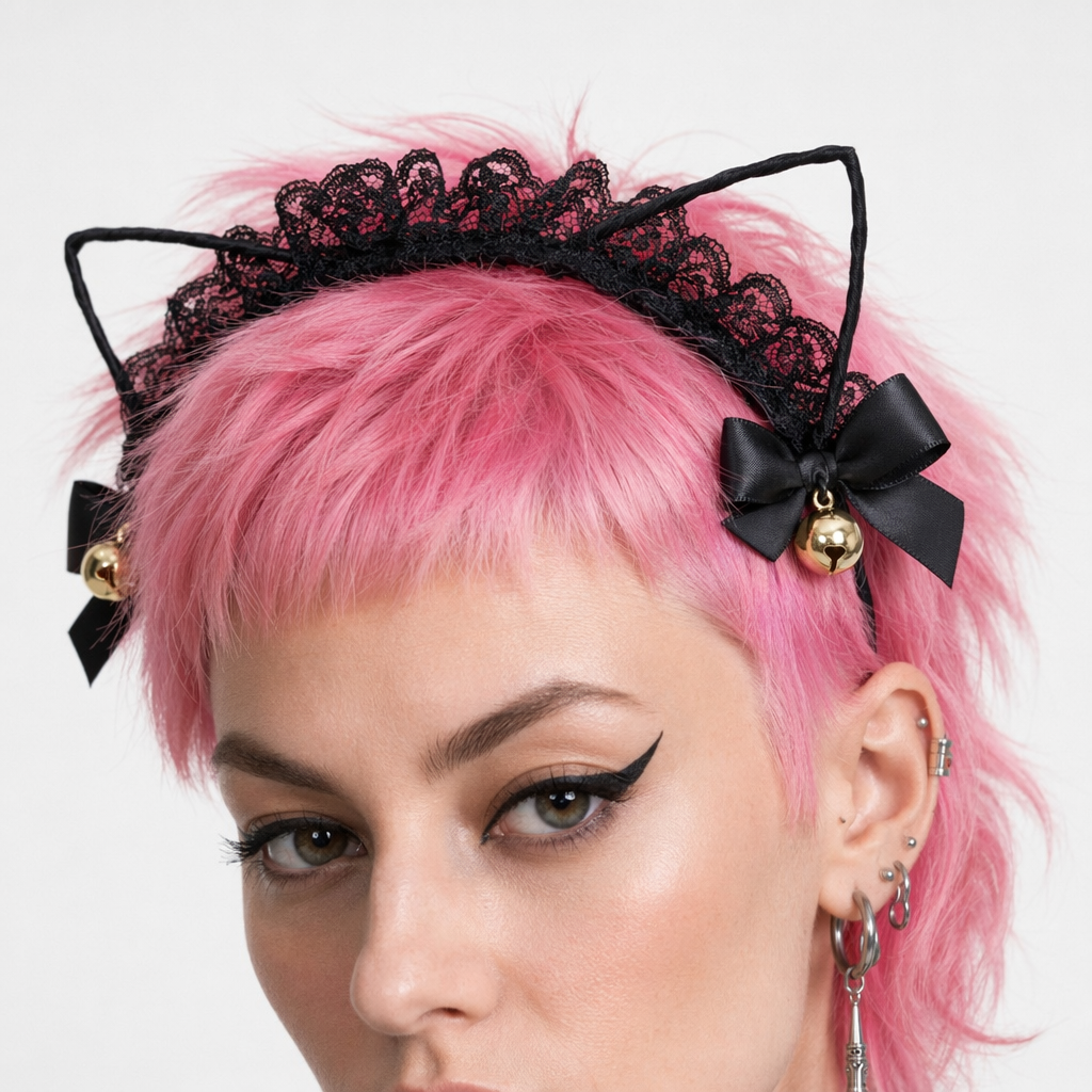 Cute Cat Ear Headband with Gold Bells and Lace Embellishments Black