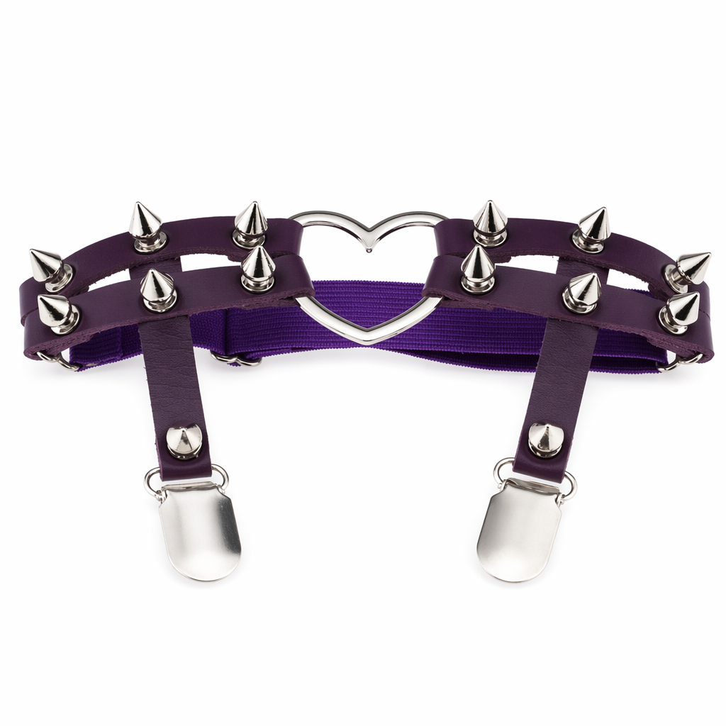Spiky Garter Belt with Punk Rock Style and Metal Heart Dark Purple