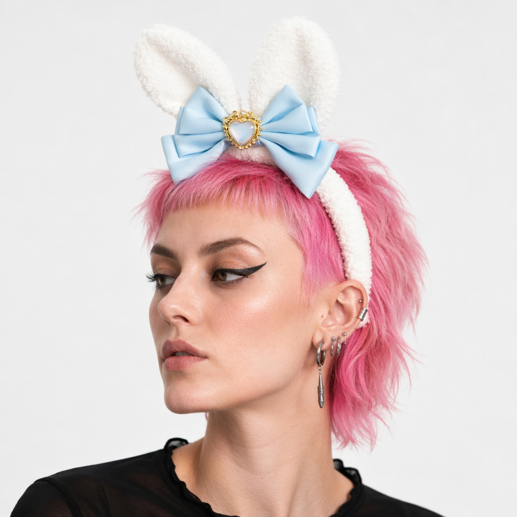 Luxurious Bunny Ears Headband with Satin Ribbons and Jewels Baby Blue