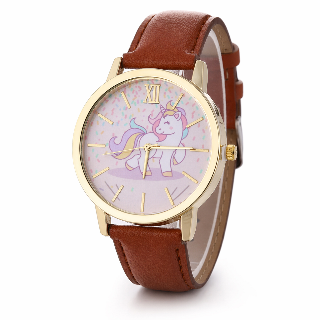 Magical Unicorn Wrist Watch with Gold Plated Hardware and Vegan Leather Brown