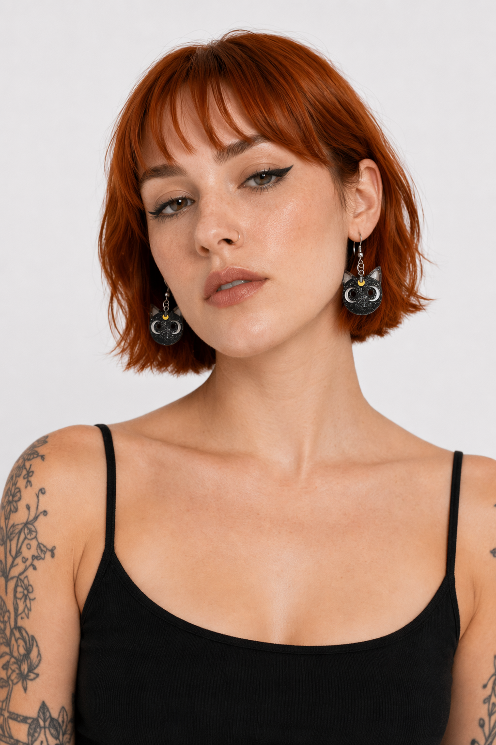 Glittery Cat Earrings with Half Moons in Resin Art Black