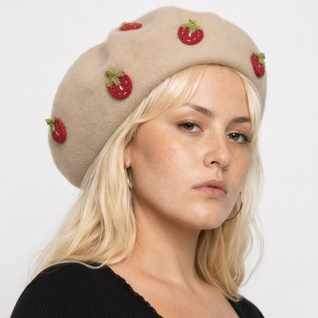 Kawaii Berets for Stylish Lolita Fashion and Accessories Beige With Strawberries