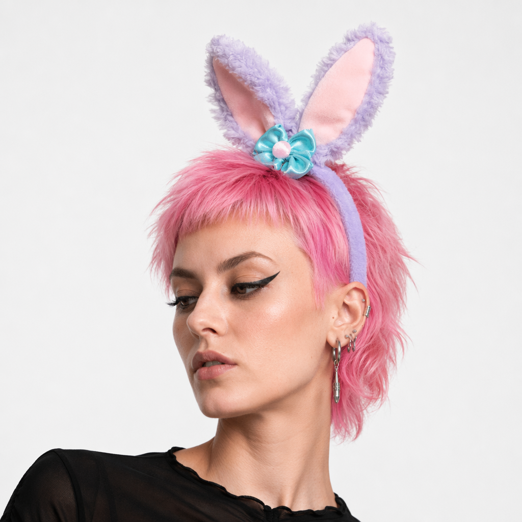 Lavender Bunny Ear Headband with Silky Blue Bow Default Title