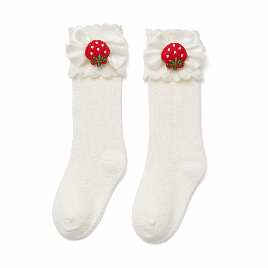 Lace Ankle-High Stockings with Strawberry Ribbon and Ruffle Top Strawberry Beige