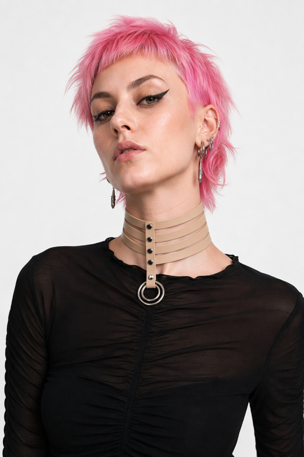 Vegan Leather High Elongated Collar with Built-in O-Ring Hook Nude