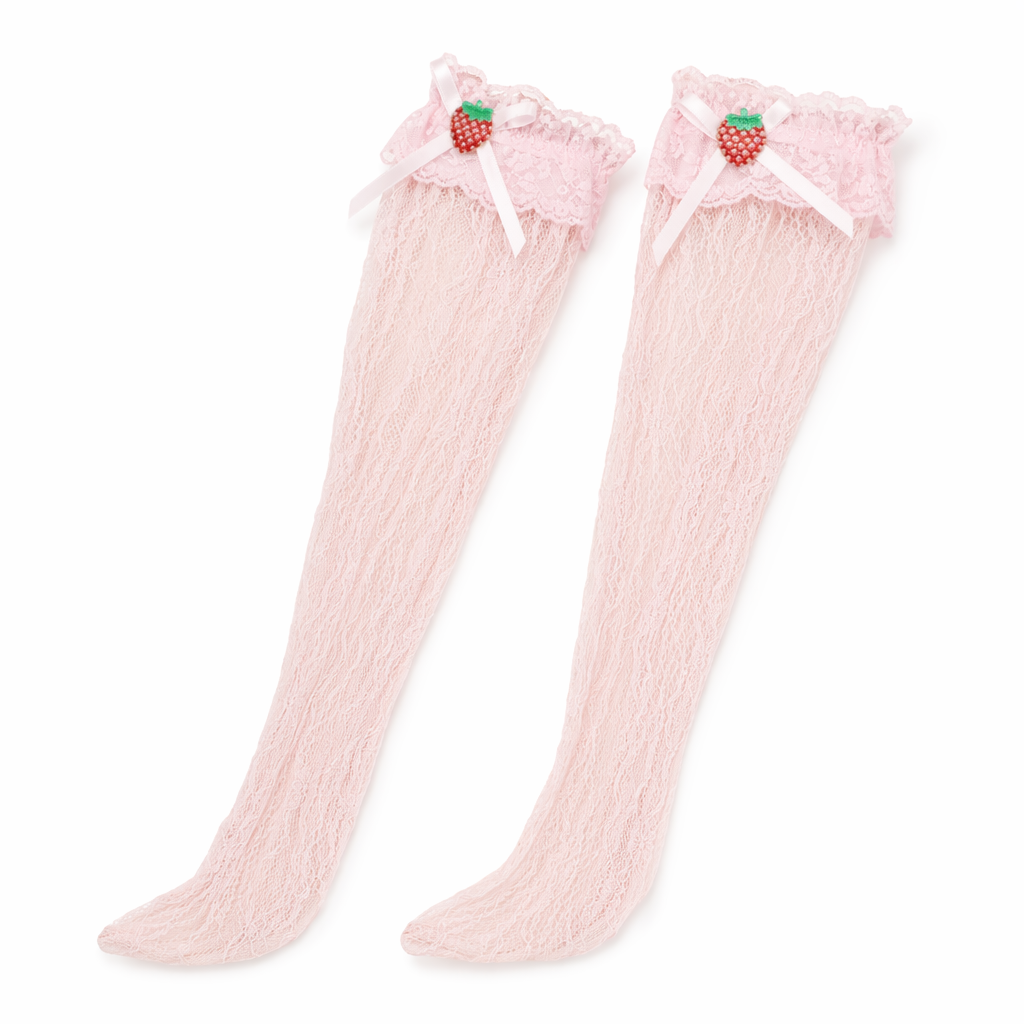 Lace Knee-High Stockings with Ruffles and Strawberry Silk Ribbon Pink